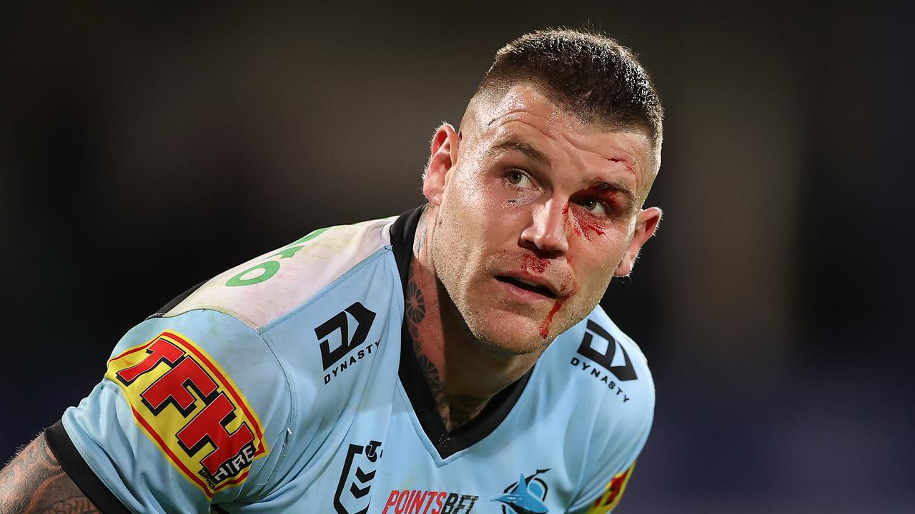 SYDNEY, AUSTRALIA - MAY 21: Josh Dugan of the Sharks looks on during the round 11 NRL match between the Cronulla Sharks and the St George Illawarra Dragons at Netstrata Jubilee Stadium on May 21, 2021, in Sydney, Australia. (Photo by Mark Kolbe/Getty Images)