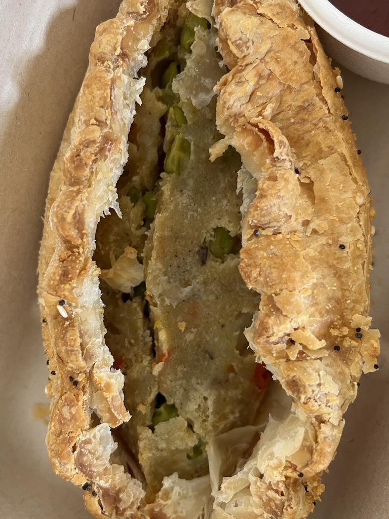 Sue’s late husband was served this unappetising vegetarian pasty served in an aged care home. Picture: Supplied