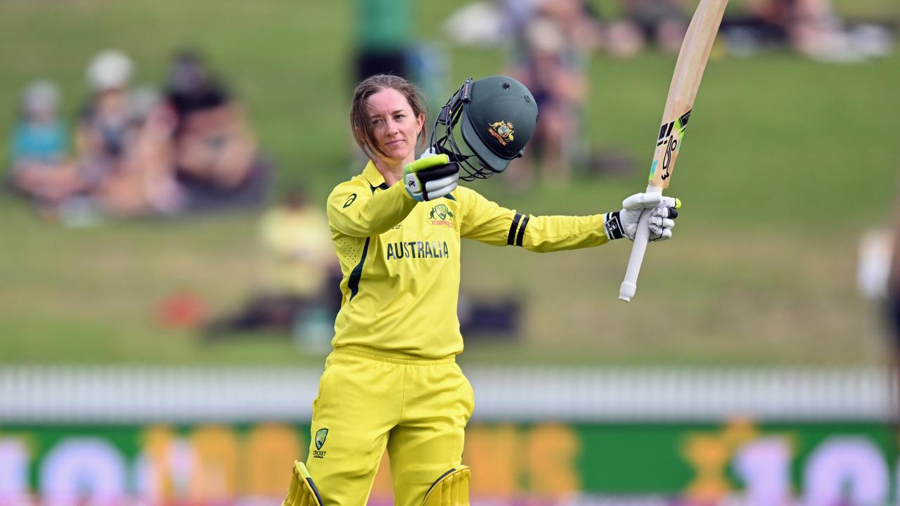 Rachael Haynes of Australia celebrates her century during the 2022 ICC Women's Cricket World Cup match at Seddon Park. Photo by Kai Schwoerer/Getty Images