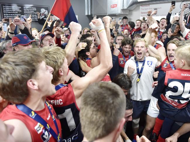 MPFNL Division One Seniors, Grand Final: Dromana FNC Seniors vs Mt Eliza FNC Seniors played at Kinetic Park, Frankston, Victoria, Sunday 15th September 2024.  Mt Eliza celebrate in the rooms after their win. Picture: Andrew Batsch