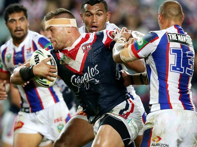 Jared Waerea-Hargreaves makes a charge against the Knights. Picture: Gregg Porteous