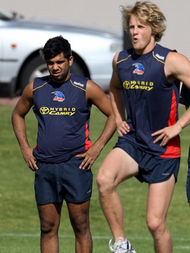 Tim Milera training alongside Rory Sloane at the Crows in 2011.