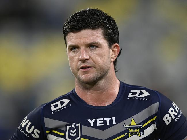 TOWNSVILLE, AUSTRALIA - JUNE 08: Chad Townsend of the Cowboys looks on during the round 14 NRL match between North Queensland Cowboys and New Zealand Warriors at Qld Country Bank Stadium, on June 08, 2024, in Townsville, Australia. (Photo by Ian Hitchcock/Getty Images)