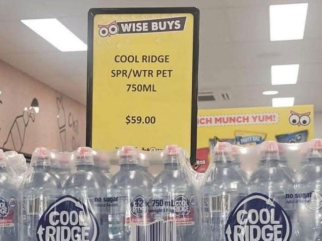 Allegations of price gouging on bottled water at a Brisbane Night Owl convenience store were circulating on social media on Wednesday morning, as people prepared for the arrival of Tropical Cyclone Alfred.Night Owl's head office has refuted the claims. Picture: Supplied