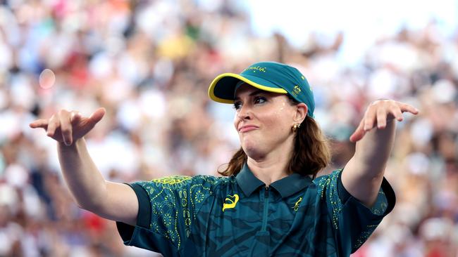 PARIS, FRANCE - AUGUST 09: B-Girl Raygun of Team Australia  reacts during the B-Girls Round Robin - Group B on day fourteen of the Olympic Games Paris 2024 at Place de la Concorde on August 09, 2024 in Paris, France. (Photo by Elsa/Getty Images)