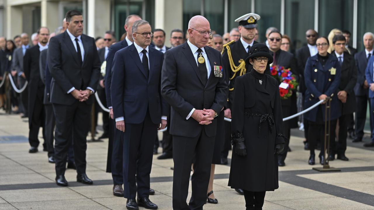 Governor-General of Australia David Hurley and Linda Hurley placed the first wreath at Queen’s Terrace. Picture: NCA NewsWire / Martin Ollman