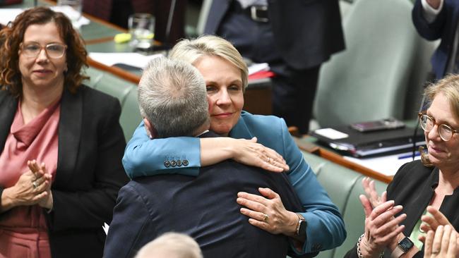 Environment Minister Tanya Plibersek, a longtime colleague of Mr Shorten’s, also gave him a hug. Picture: NewsWire / Martin Ollman