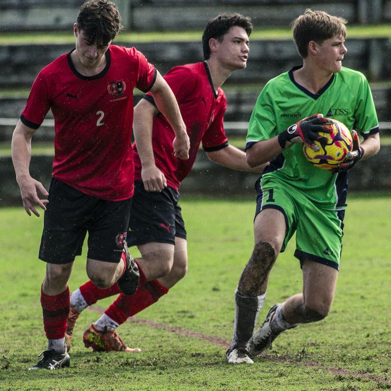 Alex Benson (right). GPS Football as TSS V Gregory Terrace on the Village Green, Southport. Picture: Glenn Campbell