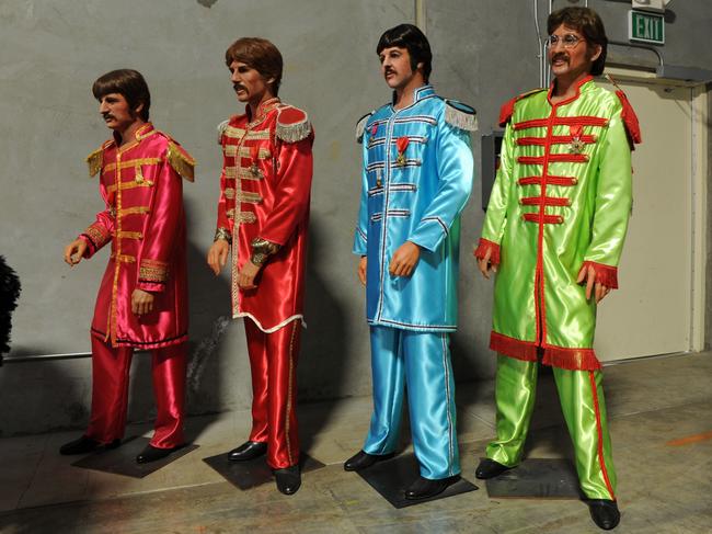 Waxworks of The Beatles in full Sgt. Pepper outfits await transportation after being sold from The Hollywood Wax Museum in California. Picture: Paul Harris/Getty Images