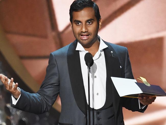 Aziz Ansari pokes fun at Trump while presenting at the 68th Emmys.