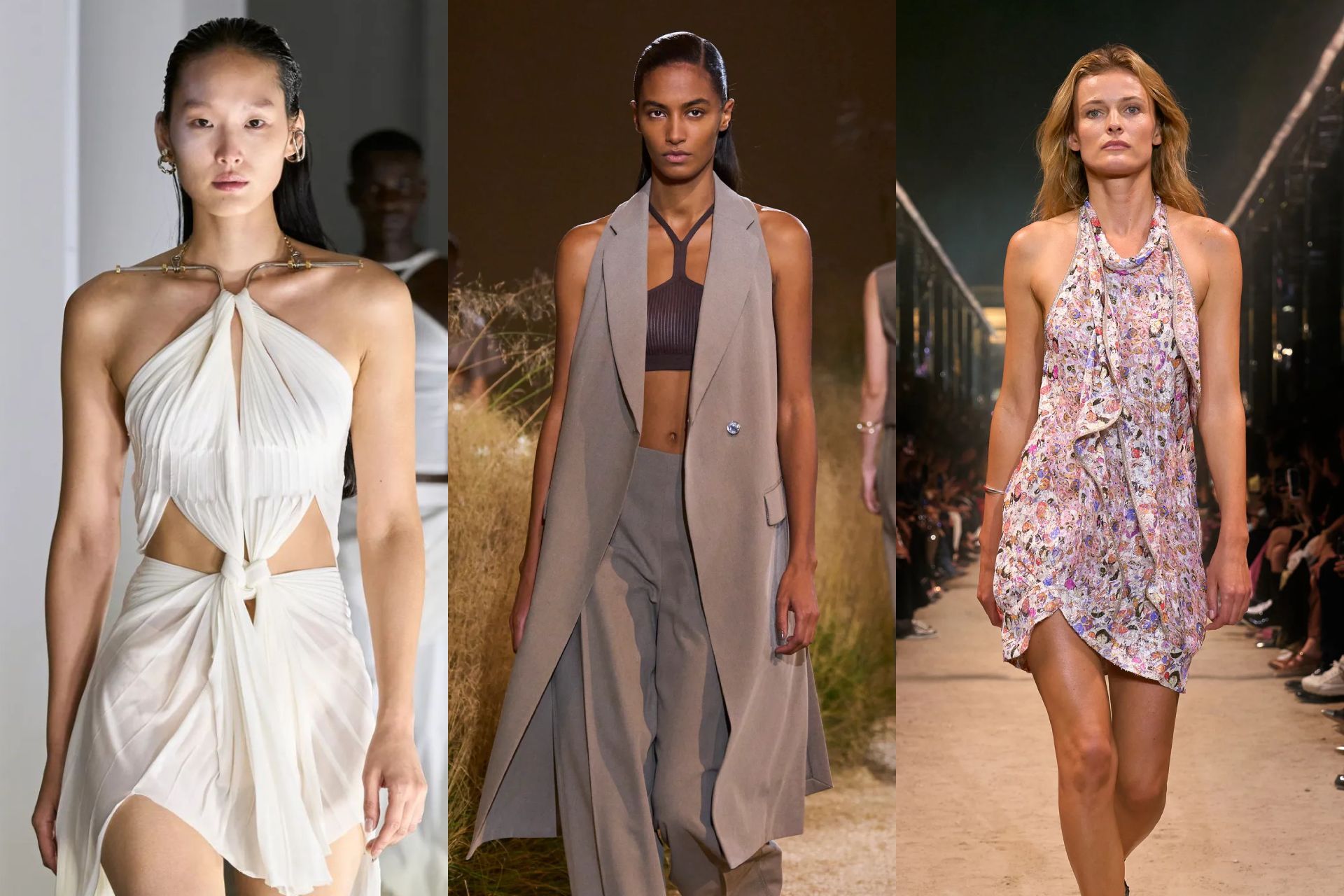 <p><strong>2023 trend: </strong>Corsets</p><p><strong>2024 equivalent: </strong>Halter-necks</p><p>Corsets aren&rsquo;t the most comfortable thing&mdash;far from it, in fact&mdash;but their popularity in the past few years could be chalked up to Vivienne Westwood and <a href="https://www.vogue.com.au/fashion/news/taylor-swift-jean-paul-gaultier-top/news-story/fc06d1ac4134a3842431950d399b3292" target="_blank" rel="noopener">Jean Paul Gaultier</a>, whose vintage versions have become catnip for fashion archivists. The corset&rsquo;s sculptural shape means they&rsquo;re often worn as after-dark attire, but halter-neck tops and gowns are fast encroaching on their popularity; see Dion Lee&rsquo;s twisted-fabric dresses with necklines that slink around the top of the back, Isabel Marant&rsquo;s round-collar numbers that harked back to the 2000s, or <a href="https://www.vogue.com.au/fashion/news/hermes-spring-2024/news-story/ecc90ba93b777c82b35adf777fd1b286" target="_blank" rel="noopener">Herm&egrave;s</a>&rsquo;s strappy bralettes as new-season references. The latter was worn underneath blazers, proving how easily they can be dressed up.&nbsp;</p><p><em>Above, from left: Dion Lee, Herm&egrave;s, Isabel Marant</em></p>