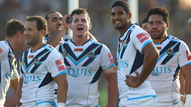 DARWIN, AUSTRALIA - JUNE 11: Tyrone Roberts, Greg Bird, Nene MacDonald and Conrad Hurrell of the Titans watch the replay on the big screen after the referee call for a video referral during the round 14 NRL match between the Parramatta Eels and the Gold Coast Titans at TIO Stadium on June 11, 2016 in Darwin, Australia. (Photo by Mark Kolbe/Getty Images)