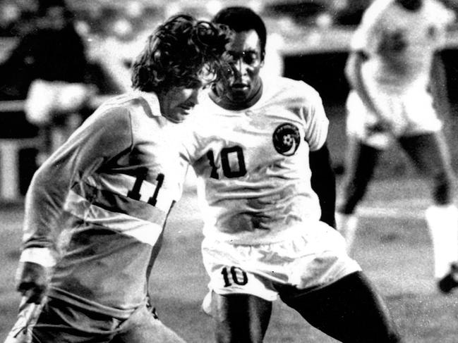 The players ranked first and second best ever, Pele and George Best face off at Yankee Stadium in New York in the twilight of each’s careers.