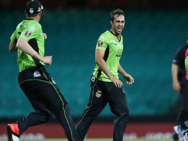 Thunder's Josh Lalor celebrates his wicket in the Big Bash. (Phil Hillyard)