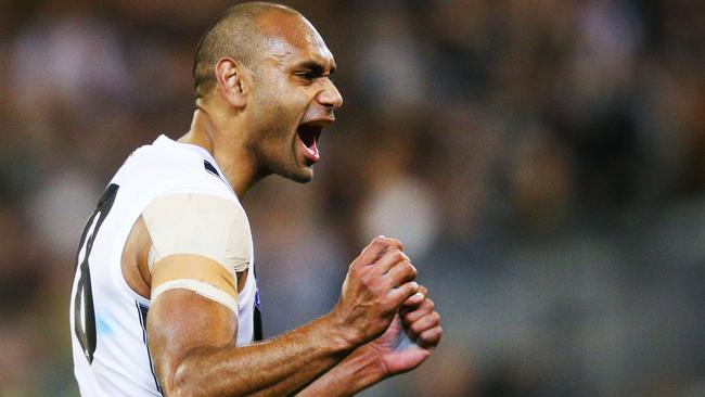 Travis Varcoe celebrates a goal in Collingwood’s preliminary final win over Richmond. Picture: Michael Dodge (Getty).