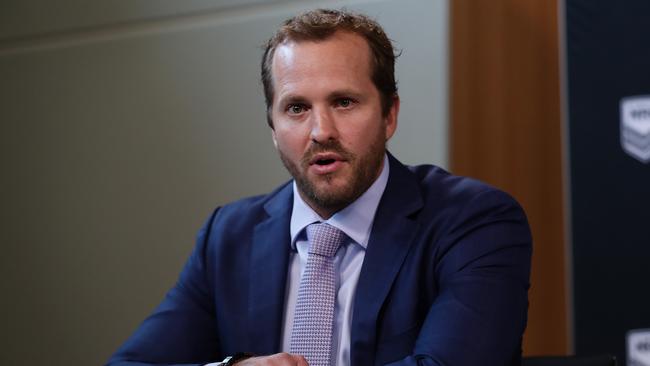 SYDNEY, AUSTRALIA - MARCH 19: RLPA General Manager of Player and Football Operations Clint Newton speaks to the media during a NRL press conference at Rugby League Central on March 19, 2020 in Sydney, Australia. (Photo by Mark Metcalfe/Getty Images)