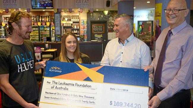 PRETTY UGLY: Brent Prendergast Glenmore Tavern Venue Manager, Tori Wake, Daryl Brown from the Leukaemia Foundation, and Tony Fitzgerald from the ALH group at the cheque presentation. Picture: Jann Houley
