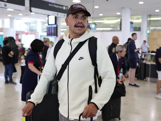 South Sydney Rabbitohs star Latrell Mitchell returned to Sydney International Airport on Wednesday. Picture: Tim Hunter.