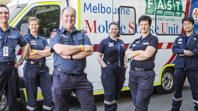 The Mobile Stroke Unit team includes L-R Lindsay Bent (paramedic), Andrea Watt (paramedic), Rob Simons (paramedic), Skye Coote (nurse lead of the MSU), Francesca Langenberg (radiographer) and Henry Zhao (neurologist). Picture: Sarah Matray