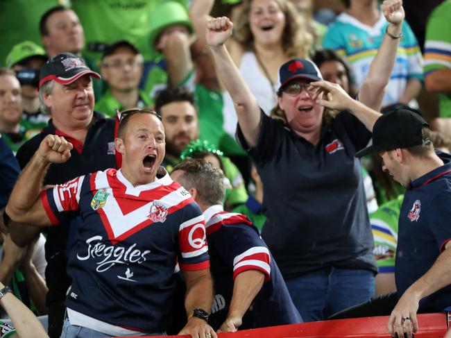 Roosters fan celebrate winning the 2019 NRL Grand Final between the Sydney Roosters and Canberra Raiders at ANZ Stadium, Sydney Olympic Park. Picture: Jonathan Ng