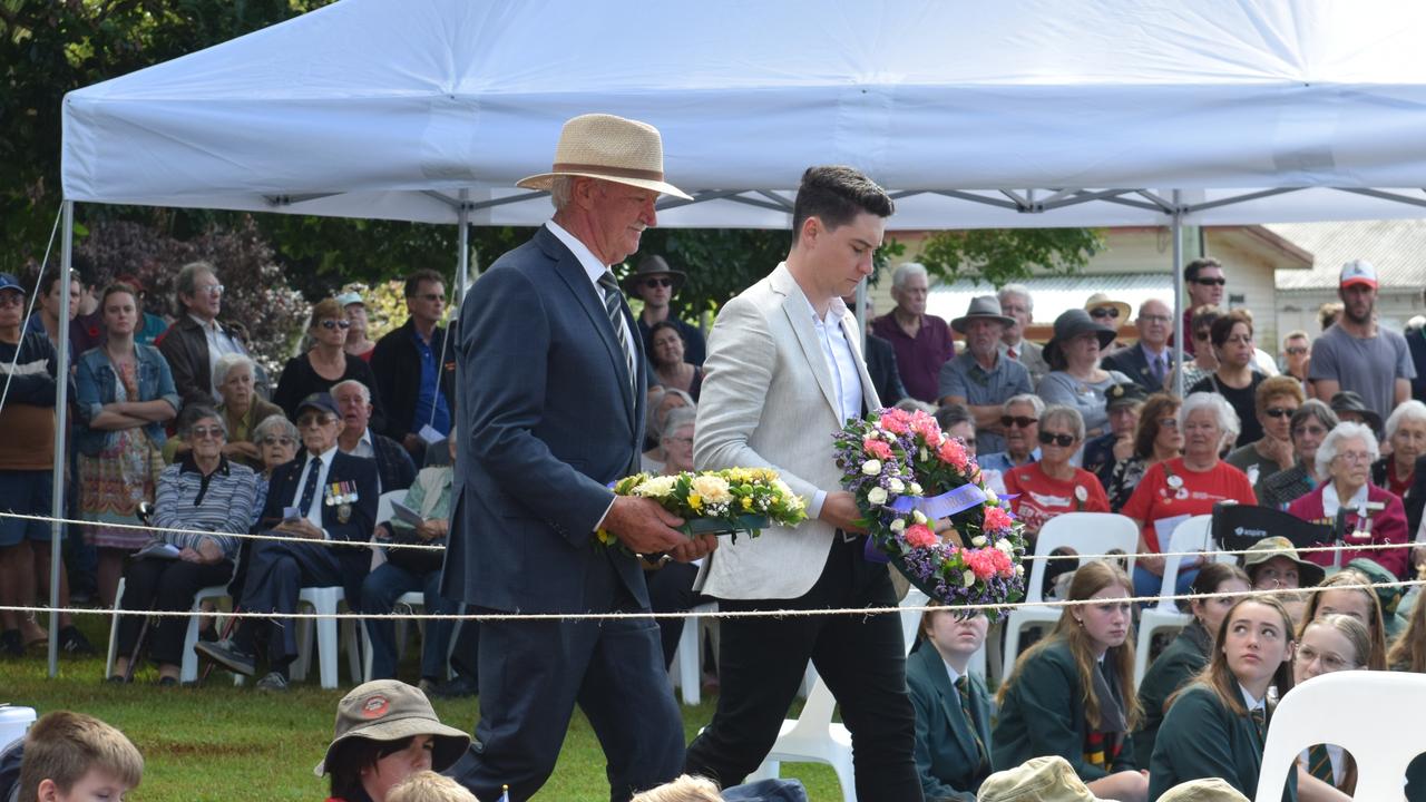 Ballina Shire Council Deputy Mayor Ian Johnston lays a wreath with a representative for Federal member for Page Kevin Hogan during the ANZAC DAY Ceremony in Elizabeth Ann Brown Park Picture: Nicholas Rupolo.