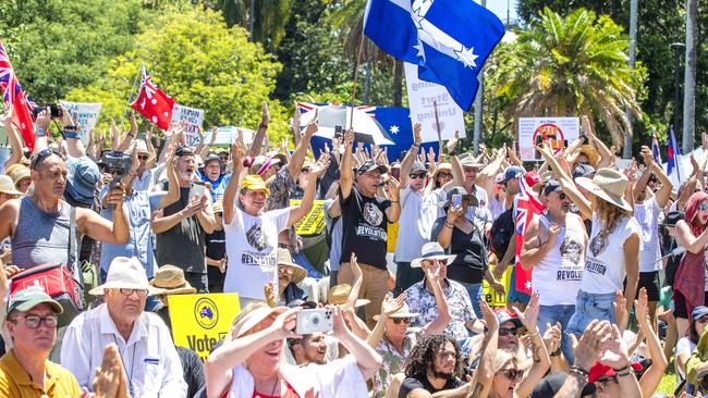 The Freedom Rally in the Brisbane CBD on Saturday. Picture: Richard Walker