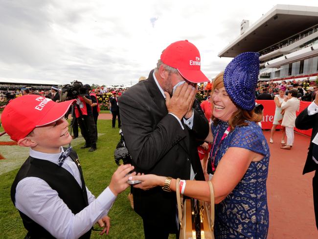 Part Owner Walter Power in tears after Protectionist wins the 2014 Melbourne Cup at Flemington.