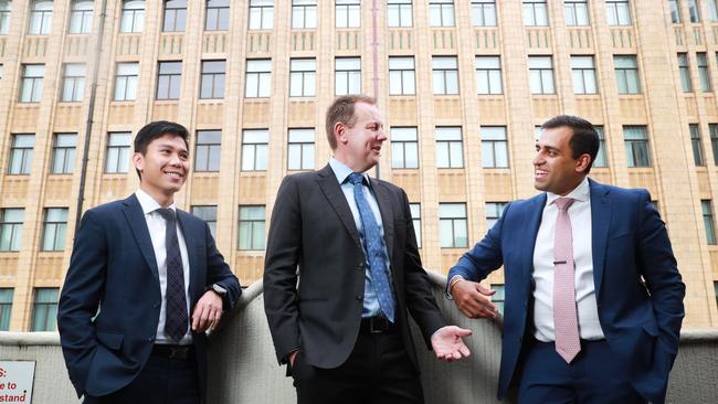 ETF Securities’ Cliff Man, Evan Metcalf and Kanish Chugh at their Sydney offices ahead of the launch of their new products on Thursday. Picture: John Feder