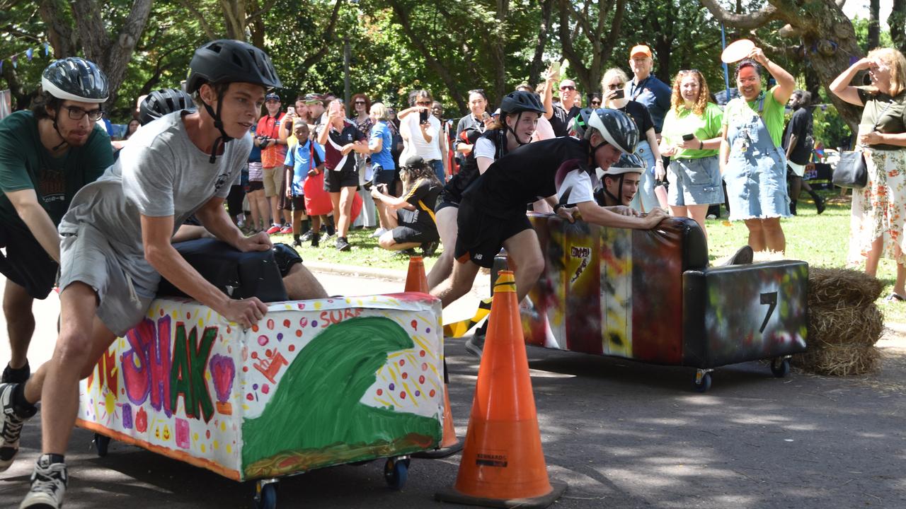 Mission Australia versus Taminmin College at Anglicare NT and the City of Darwin's Couch Surfing races 2024. Picture: Alex Treacy