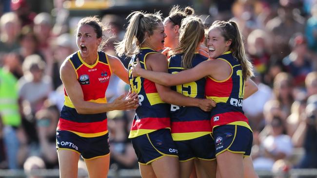 Crows players celebrate a goal against the Saints last weekend. Picture: Matt Turner/AFL Photos via Getty Images