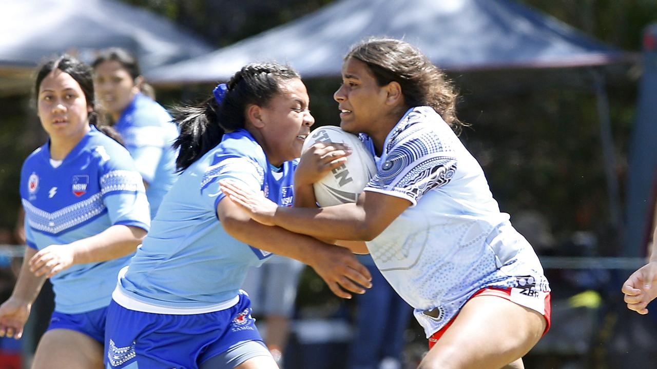 Action from Under 16 Girls NSW Indigenous v Samoa Blue. Harmony Nines Rugby League. Picture: John Appleyard