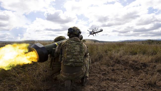 An Australian Army soldier from the 3rd Battalion, Royal Australian Regiment, fires a Javelin FGM-148 guided missile during Exercise Kapyong Warrior at the Townsville Field Training Area. Picture: Defence