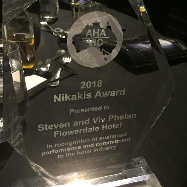 Flowerdale Hotel owners Steve and Viv Phelan were blown away to receive the prestigious Nikakis Award in 2018. Picture: Supplied