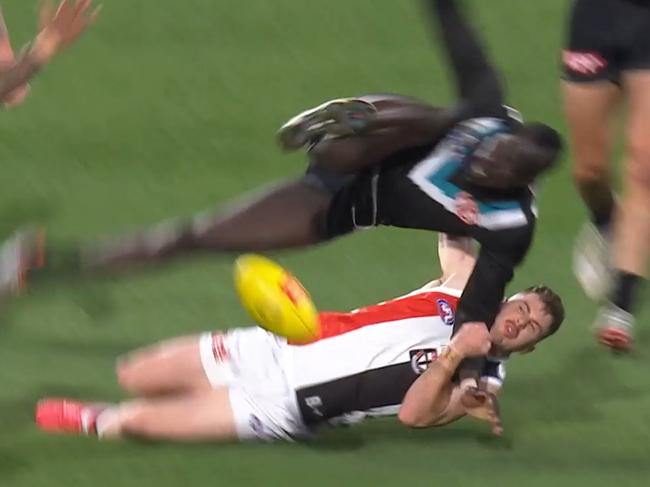 Jack Higgins sling tackle concusses Aliir Aliir at Adelaide Oval in R7