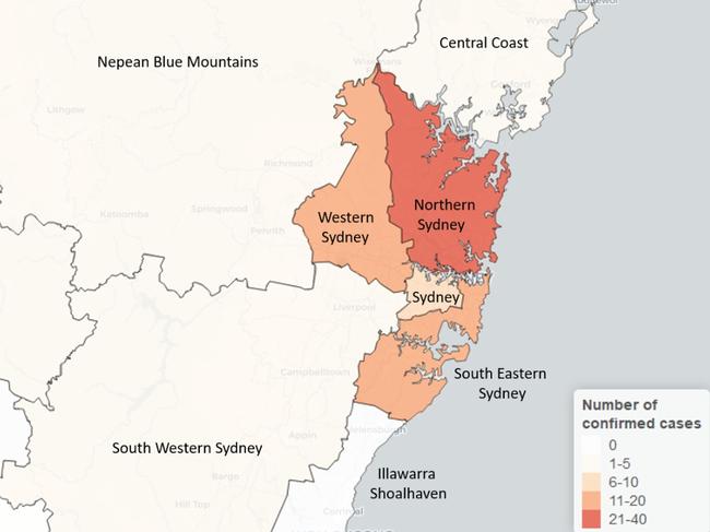 Confirmed cases of COVID-19 across NSW as of March 12, 8pm, by local health district.