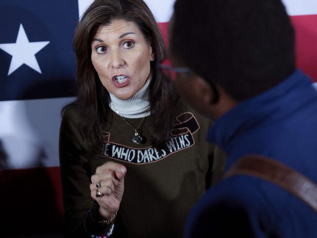 IOWA CITY, IOWA - JANUARY 13: Republican presidential candidate former U.N. Ambassador Nikki Haley greets supporters after speaking at a campaign event at the James Theater on January 13, 2024 in Iowa City, Iowa. Iowa Republicans will be the first to select their party's nominee for the 2024 presidential race when they go to caucus on January 15, 2024.   Win McNamee/Getty Images/AFP (Photo by WIN MCNAMEE / GETTY IMAGES NORTH AMERICA / Getty Images via AFP)