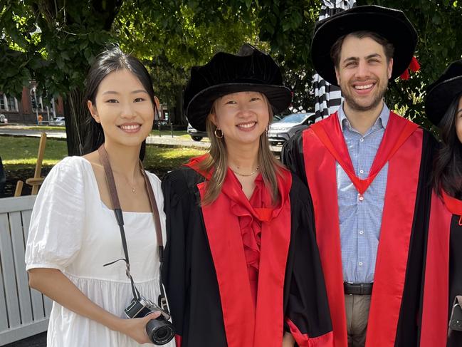 Coco Dong, Dr Susie Wang (PhD in Medical Biology), Dr Benjamin Seager (PhD in Medical Biology) and Dr Ushma Ruparel (PhD in Medical Biology) at the University of Melbourne graduations held at the Royal Exhibition Building on Tuesday, December 17, 2024. Picture: Jack Colantuono