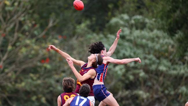 Action from the Colts game between Wilston Grange and Palm Beach Currumbin. Pictured is Wilston’s Jordan Keramidopoulos, right, and Currumbin’s Mitchell Day. Picture: Tertius Pickard