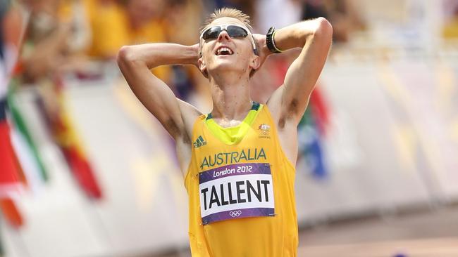 Jared Tallent pictured as he crossed the line in London.