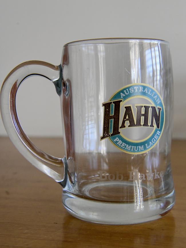 A Hahn beer mug bearing former prime minister Bob Hawke's name is seen at his home in Northbridge, Sydney, Wednesday, August 21, 2019. A range of items belonging to Bob Hawke and Blanche D'Alpuget will go to auction on August 27. (Bianca De Marchi)