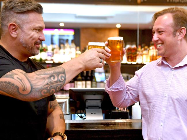 Deputy Premier Steven Miles has a beer with one of the Easy Time Brewing owners Greg Kimmings.Deputy Premier Steven Miles is launching a new campaign Things we love at Easy Time Brewing to encourage Queenslanders to get vaccinated. Sunday September 26, 2021. Picture, John Gass