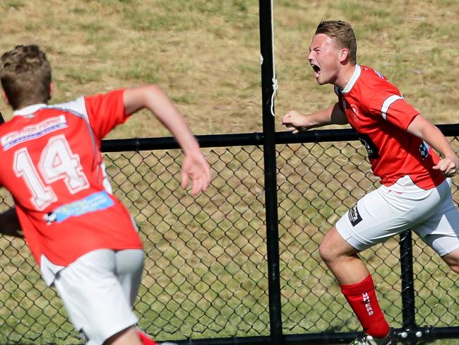 Champion of Champions soccer match at Valentines Park in Glenwood. Riverstone Schofield's M Graham celebrates a goal.