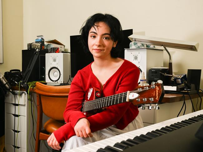 Musician Aleksiah, real name Alexia Damokas, at her home studio in Brompton, Kaurna Yarta. Picture: Morgan Sette