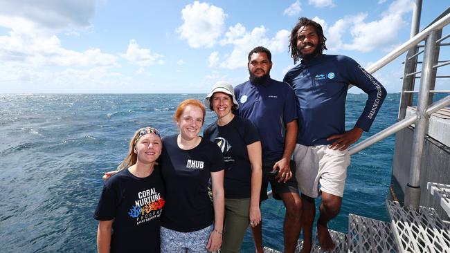 Master Reef Guide Lea Dawes, James Cook University Marine Scientist Abbi Scott, Great Barrier Reef Foundation Director of Community Partnerships Jenn Loder and GMY Rangers Stirling King and Cadmas Sands attended Savannah Sounds on the Reef, the first ever concert to be held on the northern Great Barrier Reef, to help educate attendees on the conservation efforts to help preserve the health of the reef. Picture: Brendan Radke