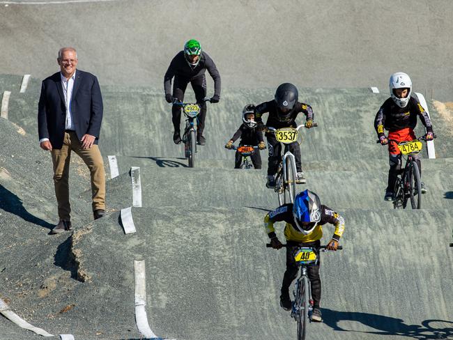 Scott Morrison visits Wanneroo BMX Club in the electrate of Pearce, Perth. Picture: Jason Edwards