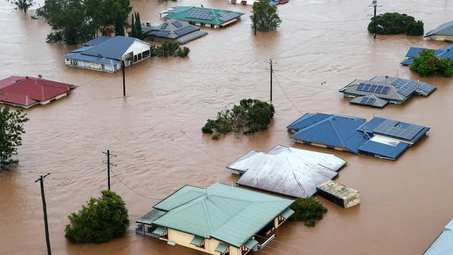 An aerial view of flooded buildings in Lismore on March 3. Picture: Bradley Richardson/Australian Defence Force