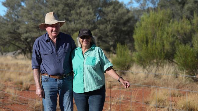 Noel and Jan McMahon on their 16,385-hectare property, Maureen Joy, northwest of Bourke. Picture: Kylie Fisher