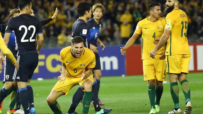 Matthew Spiranovic sends a header just wide against Japan last year. Picture: George Salpigtidis