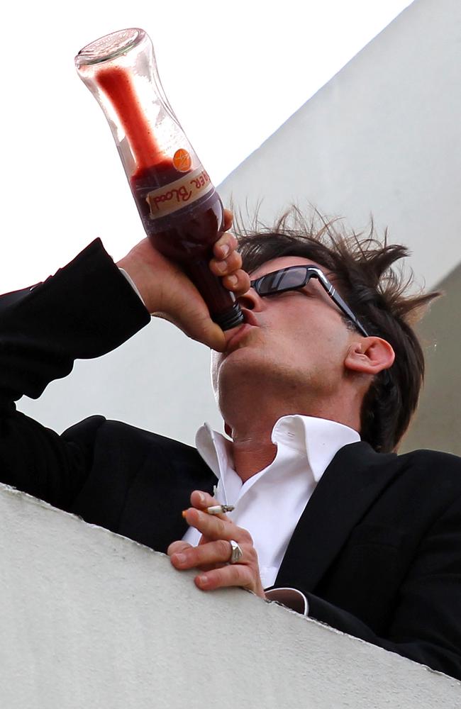 Actor Charlie Sheen is on the rooftop of Live Nation building drinking 'Tiger Blood' in 2011. Picture: Jean Baptiste Lacroix