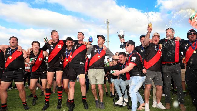 Waaia players and supporters celebrate grand final win over Strathmerton. Pictures: Yuri Kouzmin